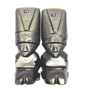 Mexican Gold Sheen Obsidian Carved Aztec Mayan Figurines Pair 6 Inch Statues‎